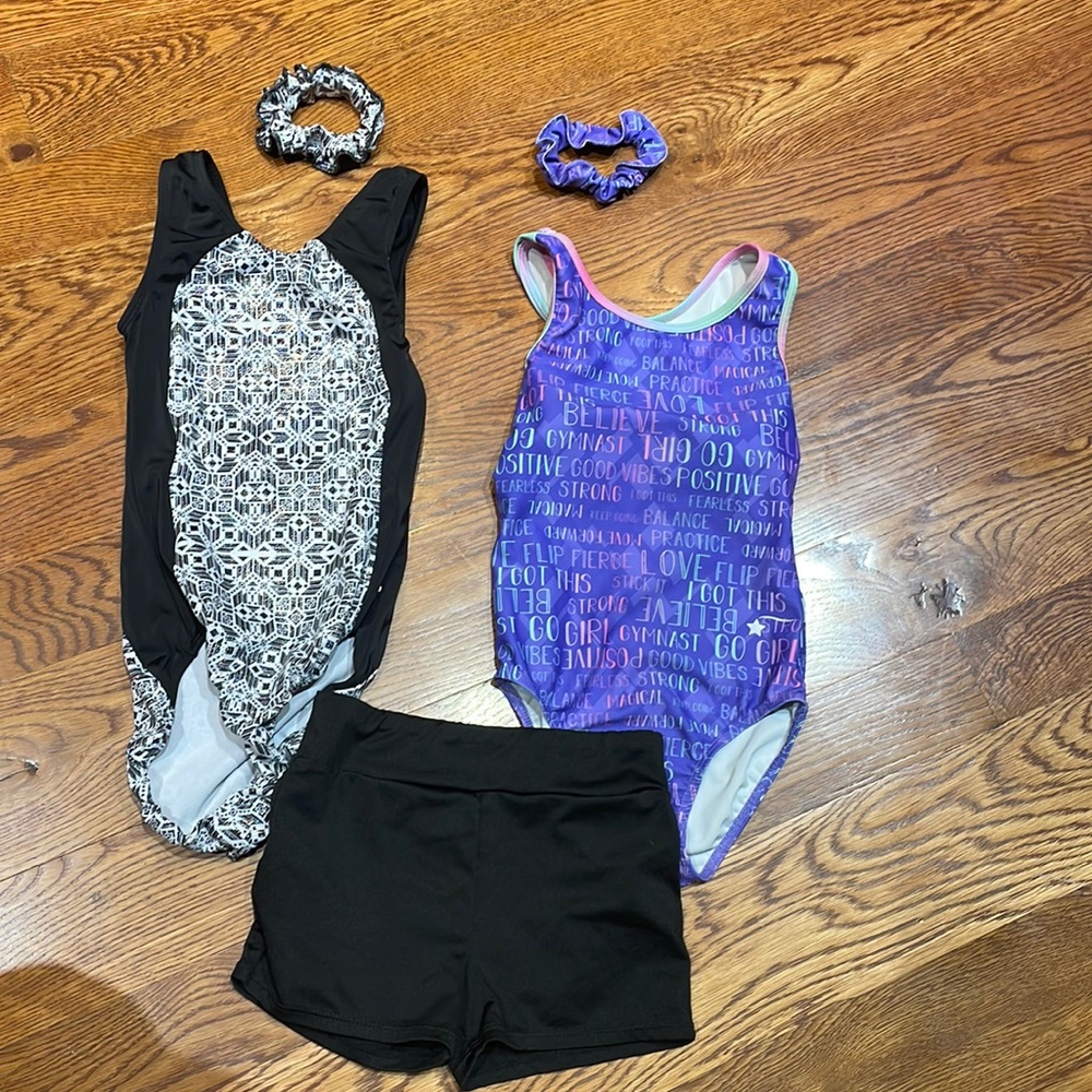 Lot of 2 gymnastics leotards & matching hair ties